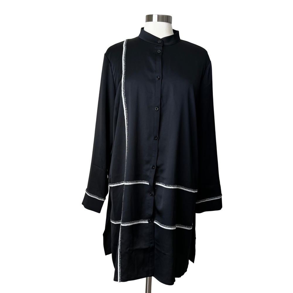 Misook Black Button Down Tunic Mandarin Collar Silver Metallic Trim XL K5081G - Picture 6 of 11
